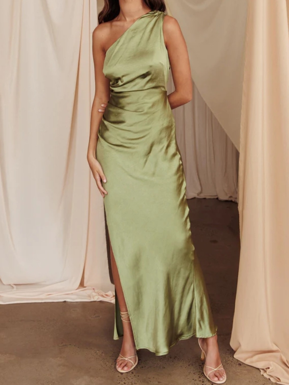 Saints & Secrets  Satiny One-Shoulder Maxi Dress in Olive Green size XS NWTS